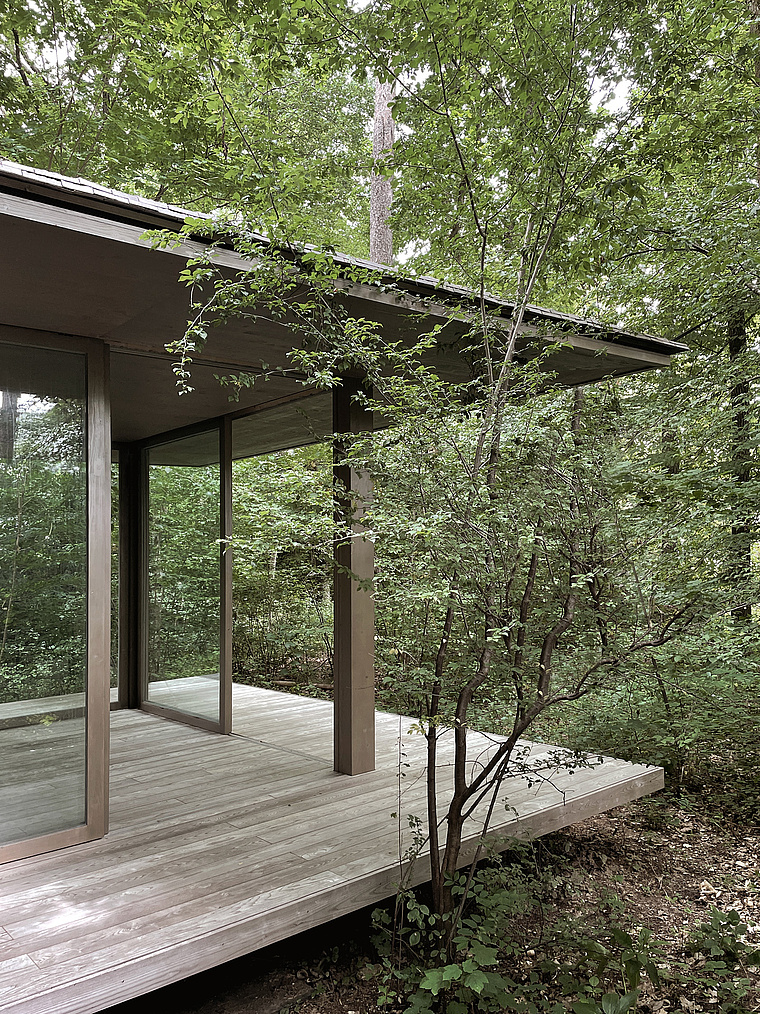 Fensterfronten des Teehauses im Wald