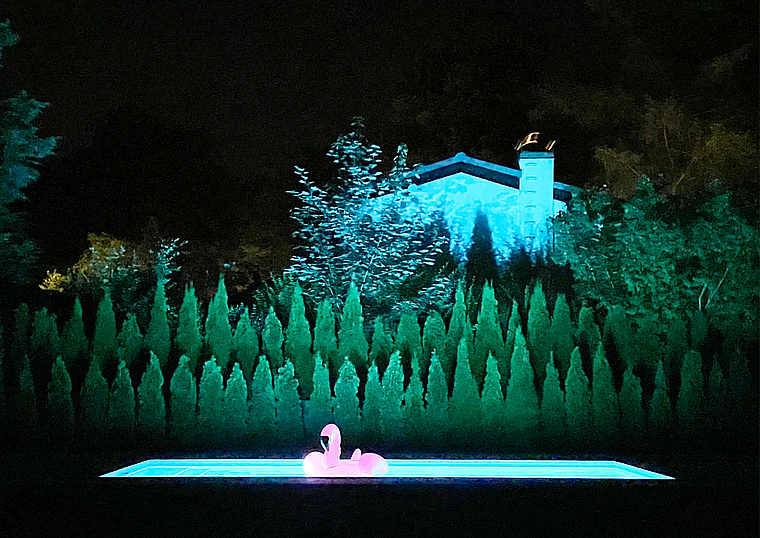 Pool mit Flamingo vor Haus